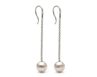 Baroque White Pearl Dangle Earrings | Stainless Steel Rolo Chain | Custom Length Available