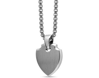 Shield Tag Pendant | Minimalist Brushed Stainless Steel | Modern Amulet Symbol