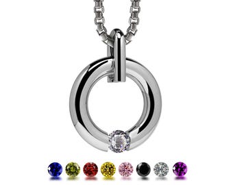 LUNA round tubular pendant with tension set colored sapphire in stainless steel