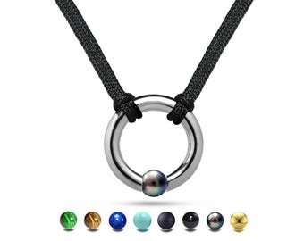 LUNA double cord necklace with round center tubular element and tension set sphere in stainless steel