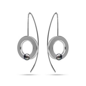 Tension Set Black Pearl O-Ring Dangle Earrings | Flat Brushed Stainless Steel | Modern Minimalist Abbracci