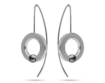 Tension Set Black Pearl O-Ring Dangle Earrings | Flat Brushed Stainless Steel | Modern Minimalist Abbracci
