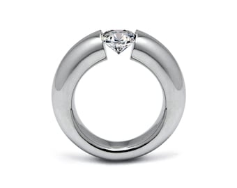 LUNA tapered rounded ring with tension set white sapphire in stainless steel