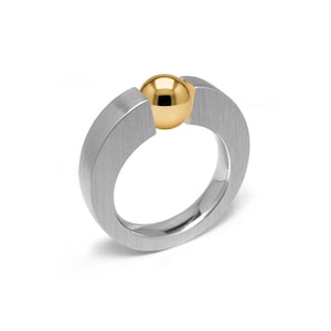 Tension Set Ring | Flat Tapered Stainless Steel & Gold Accent Sphere | Abbracci Design by Taormina