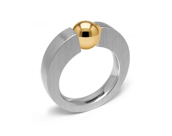 Tension Set Ring | Flat Tapered Stainless Steel & Gold Accent Sphere | Abbracci Design