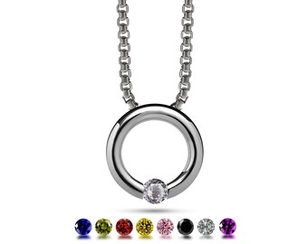 LUNA round tubular pendant hanging on a chain or cord with tension set colored gemstones in stainless steel