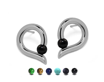 ONDE Teardrop shaped stud earrings with tension set semiprecious sphere in stainless steel