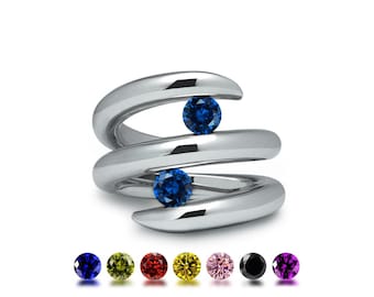ONDE Double bypass ring with two tension set colored gemstone in stainless steel