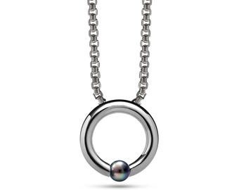 O-Ring Tension Set Black Pearl Pendant | Box Chain Necklace | High-End Stainless Steel Luna Design