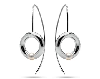 Tension-Set White Pearl Drop Earrings | Bespoke Architectural Jewelry | Luna