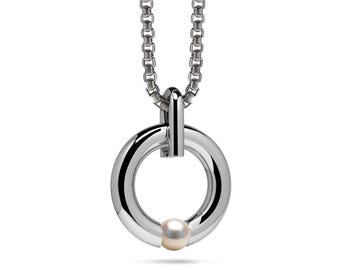 Luna Ring Pendant | Tension Set White Pearl | Stainless Steel Design