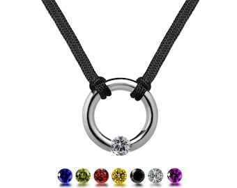 LUNA double cord necklace with round center tubular element with tension set colored sapphire in stainless steel