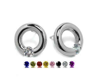 LUNA stud tubular circle earrings with tension set round white Sapphire in stainless steel