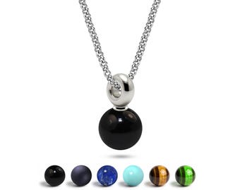 Gemstone Sphere Pendant | Stainless Steel Chain | Interchangeable Stone Options