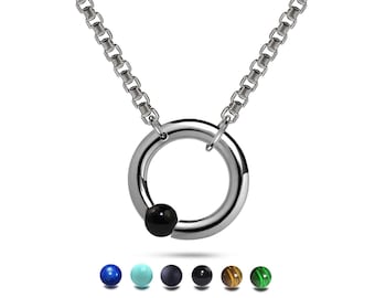 LUNA Asymmetrical Circle Necklace – Stainless Steel Box Chain with Side-Set Tension Gemstone Sphere