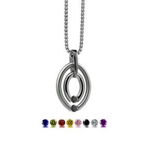 OVUM double oval tubular pendant with tension set colored gemstones in stainless steel by Taormina Jewelry black onyx