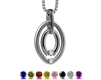 OVUM double oval tubular pendant with tension set colored gemstones in stainless steel