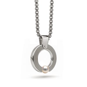 Flat O-Ring Tension Set Pendant | Minimalist Stainless Steel & White Pearl | Abbracci Design by Taormina