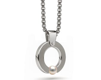 Flat O-Ring Tension Set Pendant | Minimalist Stainless Steel & White Pearl | Abbracci Design