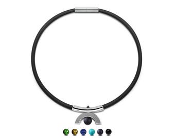 MAYAN inspired black rubber necklace with Obsidian in stainless steel