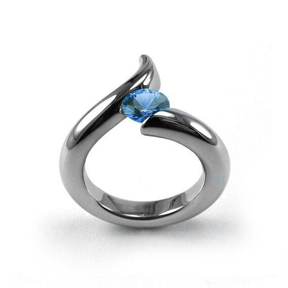1ct Bypass Blue Topaz Tension Set Ring in Two Tone Stainless