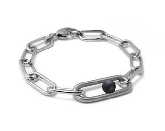 Paperclip Chain Bracelet | Larger Center Link & Obsidian Sphere | Stainless Steel Minimalist Design