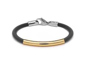 Black Rubber Bracelet 4mm | Gold Bar | Stainless Steel Industrial Minimalist Design
