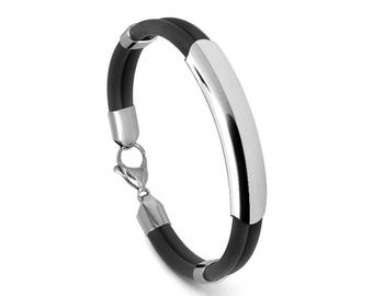 Double tubular black rubber bracelet flat curved element in stainless steel