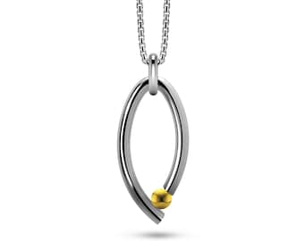 OVUM oval tubular vertical pendant with chain and tension set gold sphere in stainless steel