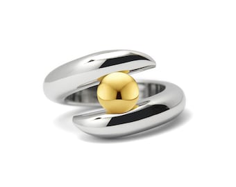 ONDE tubular bypass ring with tension set gold sphere in stainless steel