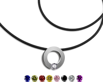 ABBRACCI round flat pendant with tension set colored sapphire on a cord choker in stainless steel
