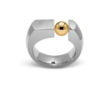 Tension Set Ring | Stainless Steel Flat-Top & Off‑Centered Gold Accent Sphere | Colonna Design
