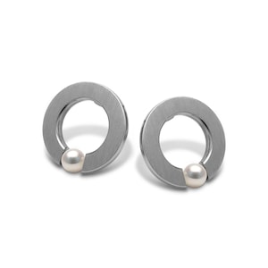 Tension Set White Pearl O-Ring Stud Earrings | Flat Brushed Stainless Steel | Abbracci by Taormina
