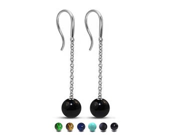 Gemstone Bead Drop Earrings | Stainless Steel Dainty Chain Dangle Design | Custom Length Available