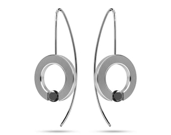 Tension Set Black Diamond O-Ring Dangle Earrings | Flat Brushed Stainless Steel | Modern Minimalist Abbracci