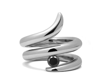 ONDE double rows bypass ring with tension set black diamond in stainless steel