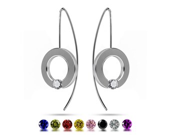 Tension Set Gemstone O-Ring Dangle Earrings | Flat Brushed Stainless Steel | Modern Minimalist Abbracci Design