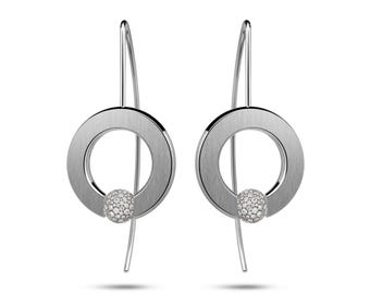 ABBRACCI tension set round flat drop earrings with tension set Pavé White Sapphire Station in stainless steel