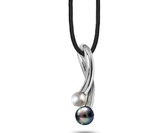 CURVE double tubular curved vertical pendant with white & black pearls in stainless steel