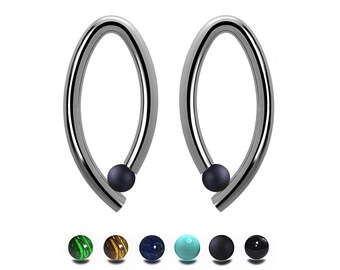 OVUM oval cat eye shaped drop stud earrings with tension set semiprecious spheres in stainless steel