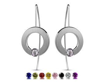 ABBRACCI tension set round flat drop earrings with tension set gemstones in stainless steel