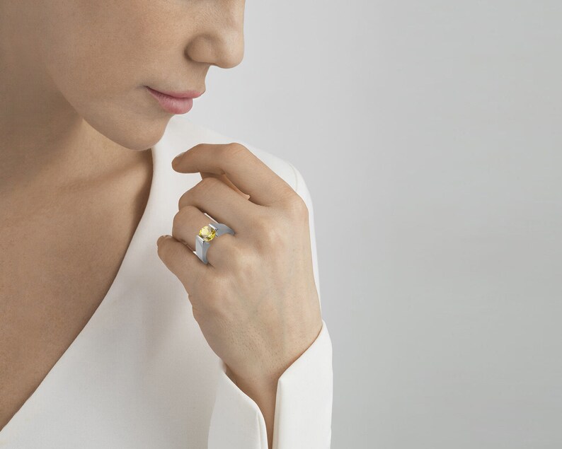 1.5ct Yellow Sapphire Tension Set Steel High setting Engagement Ring by Taormina Jewelry