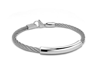 CABLE 4mm bracelet with curved tubular element in stainless steel