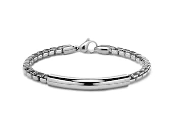 5mm box chain bracelet with curved tubular element in stainless steel