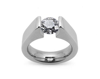 AMORE High setting ring with tension set white sapphire in stainless steel