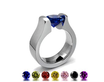 MAREA Flat & rounded high mounting ring with tension set Colored Gemstones in stainless steel