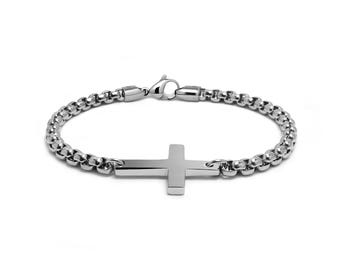 Cross Station box chain bracelet in stainless steel, 4mm