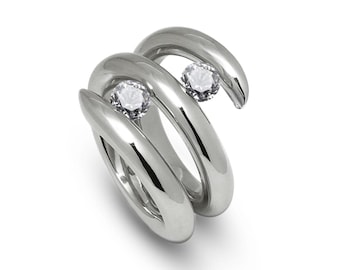 Tension Set White Sapphire Ring | Double Bypass Statement Duetto Design | Architectural Luxury