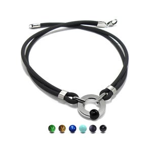 Stainless Steel O-Ring Pendant | Black Rubber Necklace & Tension Set Gemstone Stone by Taormina