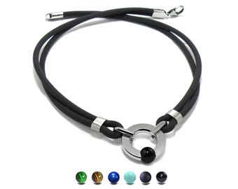 Double tubular black rubber necklace with round center pendant & tension set semiprecious sphere